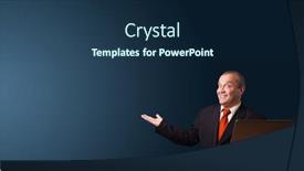  Presentation with space suit - Slide deck consisting of businessman in suit holding a laptop and presenting copy space background and a navy blue colored foreground