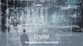  Presentation with hologram - Presentation design consisting of businessman in suit looking through binoculars against hologram background background and a gray colored foreground