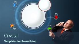  Presentation with space suit - PPT theme consisting of businessman in suit making phone call and presenting abstract modern pie chart with copy space background and a ocean colored foreground