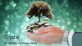  Presentation with blue handshake - Beautiful presentation design featuring businessman in suit offering handshake against blue abstract light spot design backdrop and a mint green colored foreground