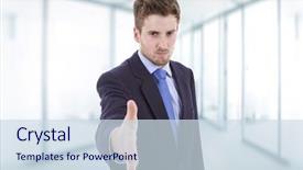  Presentation with hand shake office - Cool new PPT layouts with businessman in suit offering to shake the hand at the office backdrop and a sky blue colored foreground