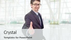  Presentation with hand shake office - PPT theme with businessman in suit offering to shake the hand at the office background and a sky blue colored foreground