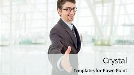  Presentation with hand shake office - Amazing PPT theme having businessman in suit offering to shake the hand at the office backdrop and a sky blue colored foreground