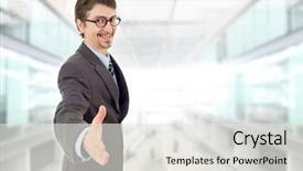  Presentation with hand shake office - Amazing PPT layouts having businessman in suit offering to shake the hand at the office backdrop and a light gray colored foreground
