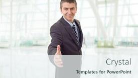  Presentation with hand shake office - Slides enhanced with businessman in suit offering to shake the hand at the office background and a sky blue colored foreground