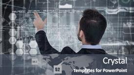  Presentation with hologram - PPT theme enhanced with businessman in suit pointing these fingers against hologram background background and a dark gray colored foreground