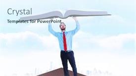  Presentation with effort - Presentation design enhanced with businessman in suit pushing up with effort against road leading to city background and a sky blue colored foreground