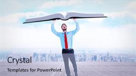  Presentation with effort - Amazing slide set having businessman in suit pushing up with effort against city on the horizon backdrop and a light blue colored foreground