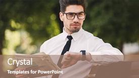  Presentation with green trees in park - Colorful presentation design enhanced with businessman in suit reading newspaper backdrop and a coral colored foreground