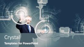  Presentation with media - Slide deck featuring businessman in suit touching icon of media screen background and a gray colored foreground