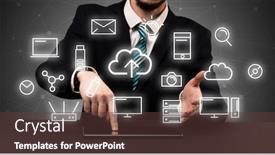  Presentation with multimedia - Audience pleasing presentation consisting of businessman in suit typing with multimedia concept above backdrop and a tawny brown colored foreground