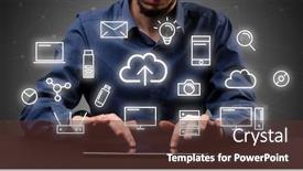  Presentation with multimedia - Cool new theme with businessman in suit typing with multimedia concept above backdrop and a tawny brown colored foreground