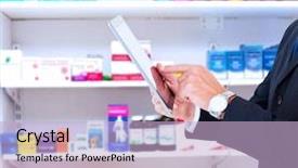  Presentation with drugs - Cool new presentation theme with businessman in suit using digital tablet against close up of shelves of drugs backdrop and a light blue colored foreground