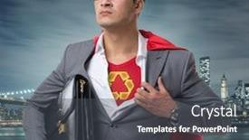  Presentation with superhero - Amazing PPT theme having businessman-in-superhero-concept backdrop and a dark gray colored foreground