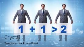  Presentation with synergy - PPT theme having businessman-in-synergy-business-concept background and a light blue colored foreground