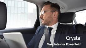  Presentation with taxi - Colorful presentation design enhanced with businessman in taxi cab reading backdrop and a dark gray colored foreground