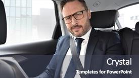  Presentation with taxi - Beautiful theme featuring businessman in taxi cab reading news on digital tablet backdrop and a dark gray colored foreground