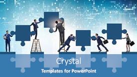  Presentation with jigsaw - Presentation design featuring businessman-in-teamwork-concept background and a teal colored foreground