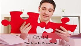  Presentation with together puzzle pieces - Slide set enhanced with businessman-in-the-office-puts background and a coral colored foreground