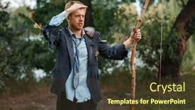  Presentation with hunting - Presentation design consisting of businessman in torn suit hunting on desert island background and a tawny brown colored foreground