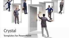  Presentation with uncertainty - Presentation theme featuring businessman in uncertainty concept background and a white colored foreground