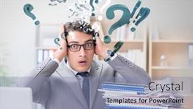  Presentation with uncertainty - Beautiful PPT layouts featuring businessman in uncertainty concept with many unanswered question backdrop and a light blue colored foreground