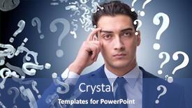  Presentation with uncertainty - Colorful slide set enhanced with businessman in uncertainty concept with many unanswered question backdrop and a ocean colored foreground