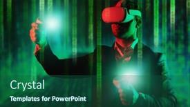  Presentation with information technologies - PPT layouts featuring businessman-in-virtual-reality-glasses background and a ocean colored foreground