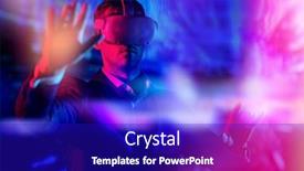  Presentation with information technologies - PPT theme enhanced with businessman-in-virtual-reality-glasses background and a royal blue colored foreground