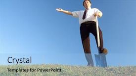  Presentation with business vision - Beautiful theme featuring businessman in white shirt and tie standing on grass field with one foot resting on shovel showing with his right hand over clear blue sky - business vision concept backdrop and a light blue colored foreground