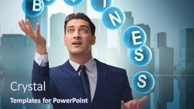  Presentation with juggling - PPT theme having businessman-juggling-between-various-priorities background and a navy blue colored foreground