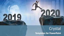  Presentation with 2019 - PPT theme with businessman jumping from year 2019 to 2020 background and a teal colored foreground