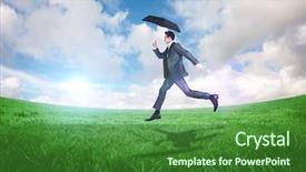  Presentation with under umbrella - Colorful PPT layouts enhanced with businessman jumping holding an umbrella against green field under blue sky backdrop and a forest green colored foreground