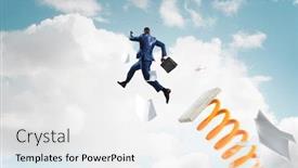  Presentation with media - Colorful presentation design enhanced with businessman-jumping-on-springboard-mixed backdrop and a white colored foreground
