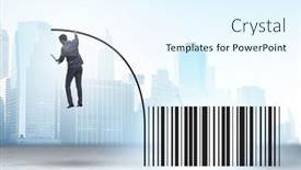  Presentation with pole - Slide set with businessman-jumping-over-bar-code background and a sky blue colored foreground