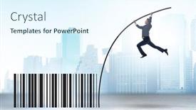  Presentation with pole - PPT theme having businessman-jumping-over-bar-code background and a sky blue colored foreground
