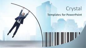  Presentation with code - Presentation theme with businessman-jumping-over-bar-code background and a cool aqua colored foreground