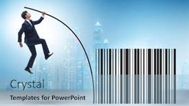  Presentation with pole - Slide set consisting of businessman-jumping-over-bar-code background and a light blue colored foreground