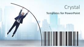  Presentation with pole - PPT layouts with businessman-jumping-over-bar-code background and a sky blue colored foreground