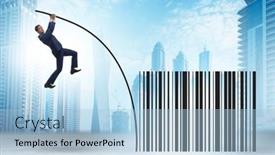  Presentation with pole - Presentation design enhanced with businessman-jumping-over-bar-code background and a light blue colored foreground
