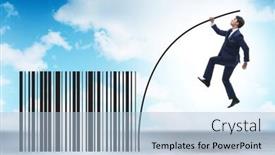  Presentation with pole - Slide deck with businessman-jumping-over-bar-code background and a light blue colored foreground