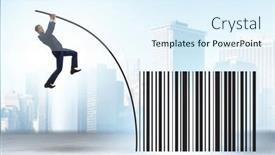  Presentation with pole - Presentation design enhanced with businessman-jumping-over-bar-code background and a sky blue colored foreground