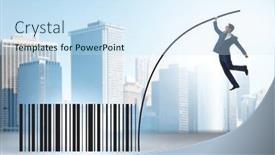  Presentation with pole - PPT layouts having businessman-jumping-over-bar-code background and a sky blue colored foreground