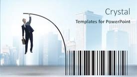  Presentation with pole - PPT theme having businessman-jumping-over-bar-code background and a sky blue colored foreground