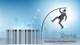  Presentation with pole - Presentation theme enhanced with businessman-jumping-over-bar-code background and a light blue colored foreground