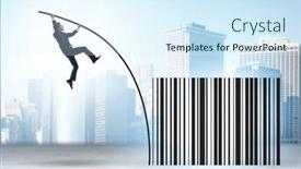  Presentation with pole - Presentation theme having businessman-jumping-over-bar-code background and a sky blue colored foreground
