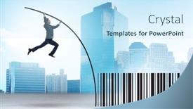  Presentation with pole - Presentation design having businessman-jumping-over-bar-code background and a cool aqua colored foreground