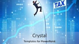  Presentation with tax evasion - Amazing PPT theme having businessman jumping over tax backdrop and a light blue colored foreground