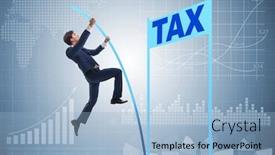  Presentation with tax evasion - Slide deck having businessman jumping over tax in tax evasion avoidance concept background and a light blue colored foreground