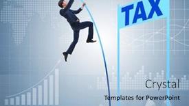  Presentation with tax avoidance - Presentation design consisting of businessman jumping over tax in tax evasion avoidance concept background and a light blue colored foreground